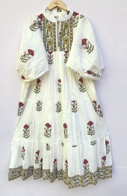 Ivory Floral Block Print Cotton Midi Dress – Boho Handmade Tiered Dress with Puff Sleeves & Contrast Yoke