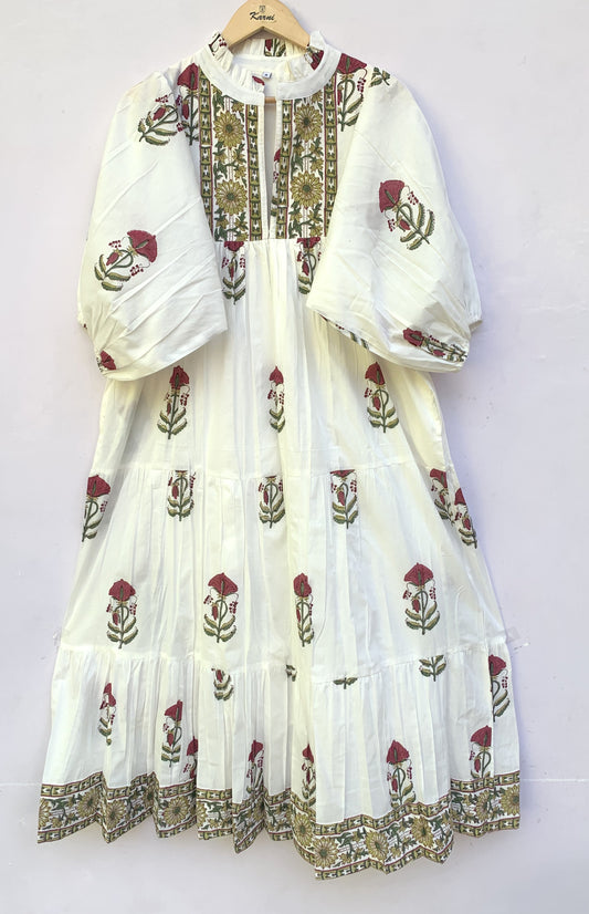 Ivory Floral Block Print Cotton Midi Dress – Boho Handmade Tiered Dress with Puff Sleeves & Contrast Yoke