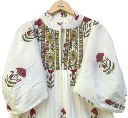 Ivory Floral Block Print Cotton Midi Dress – Boho Handmade Tiered Dress with Puff Sleeves & Contrast Yoke