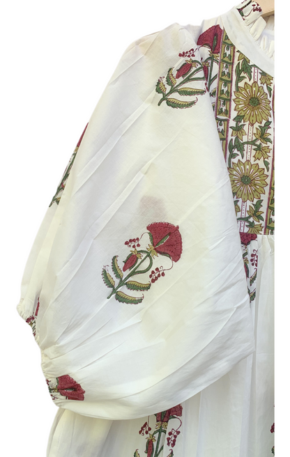 Ivory Floral Block Print Cotton Midi Dress – Boho Handmade Tiered Dress with Puff Sleeves & Contrast Yoke