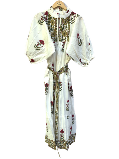 Ivory Floral Block Print Cotton Midi Dress – Boho Handmade Tiered Dress with Puff Sleeves & Contrast Yoke