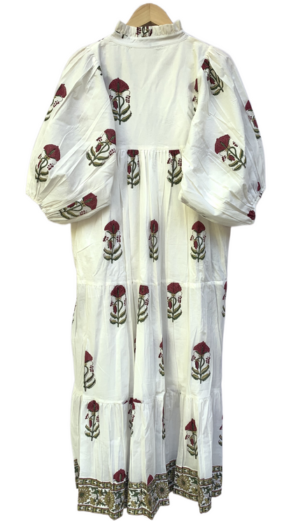 Ivory Floral Block Print Cotton Midi Dress – Boho Handmade Tiered Dress with Puff Sleeves & Contrast Yoke