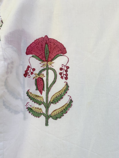 Ivory Floral Block Print Cotton Midi Dress – Boho Handmade Tiered Dress with Puff Sleeves & Contrast Yoke