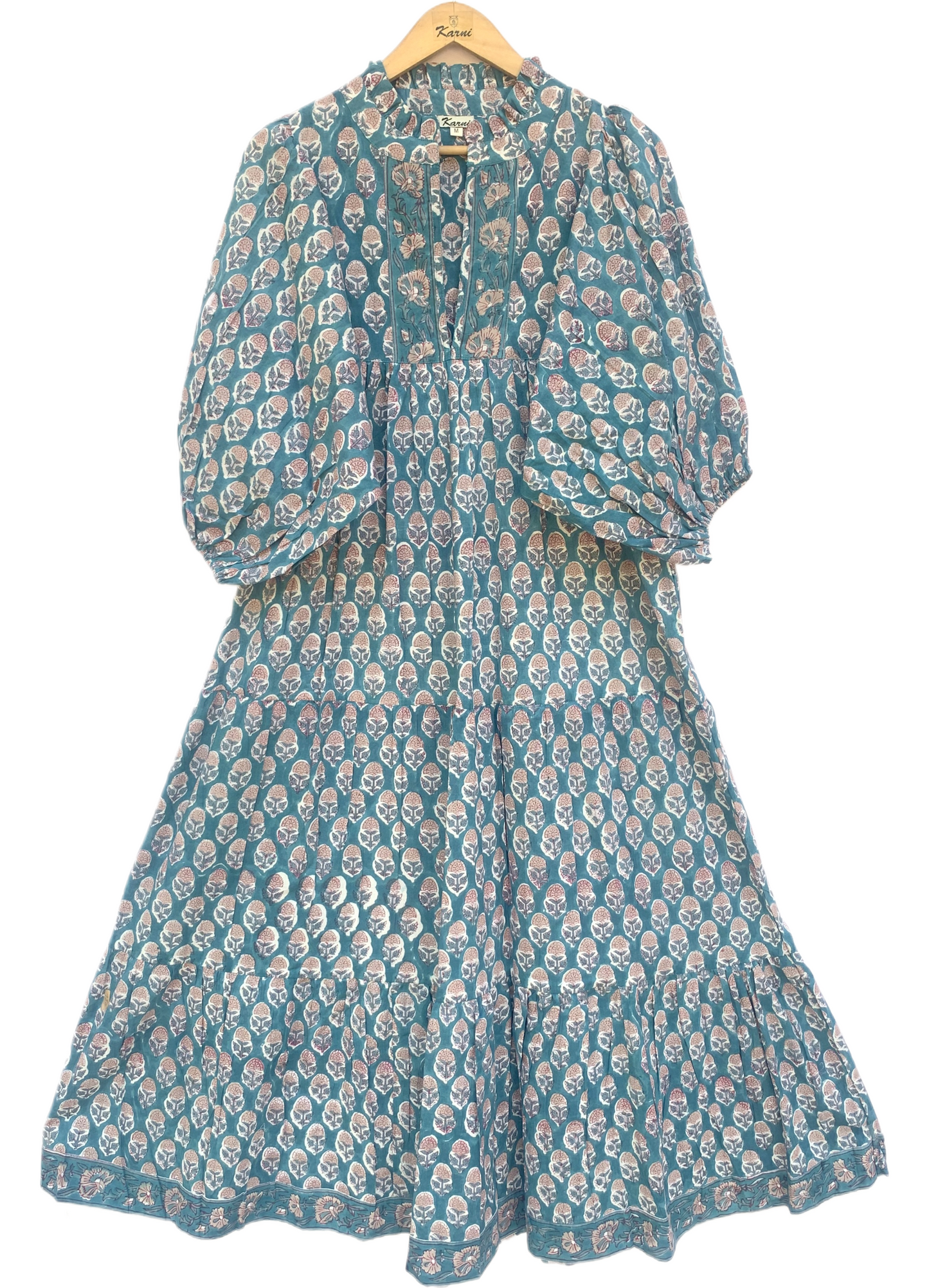 Teal Pink Floral Block Print Cotton Midi Dress – Boho Handmade Tiered Dress with Puff Sleeves