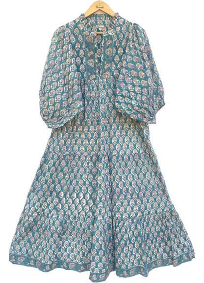 Teal Pink Floral Block Print Cotton Midi Dress – Boho Handmade Tiered Dress with Puff Sleeves