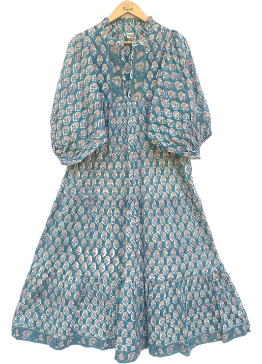 Teal Pink Floral Block Print Cotton Midi Dress – Boho Handmade Tiered Dress with Puff Sleeves