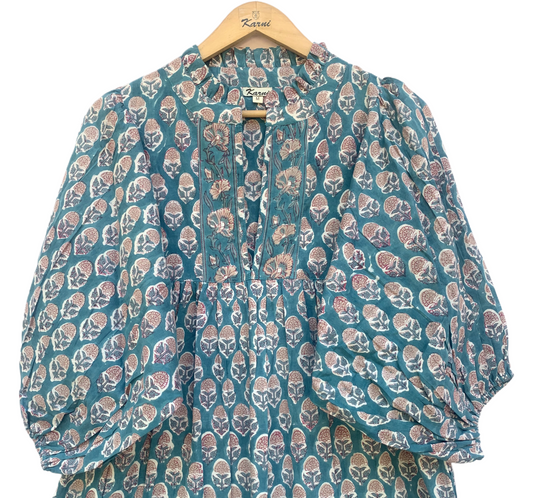 Teal Pink Floral Block Print Cotton Midi Dress – Boho Handmade Tiered Dress with Puff Sleeves