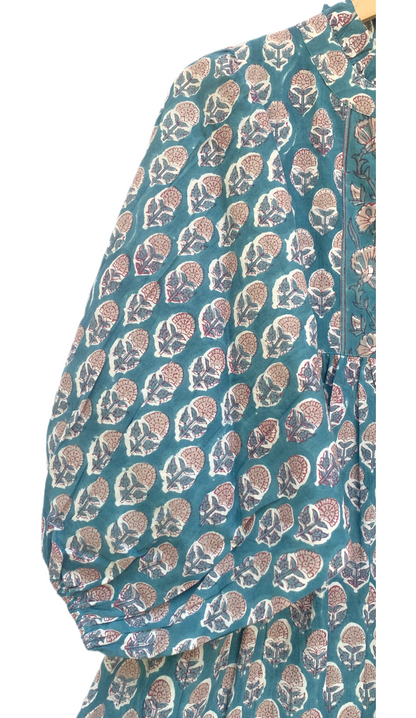Teal Pink Floral Block Print Cotton Midi Dress – Boho Handmade Tiered Dress with Puff Sleeves