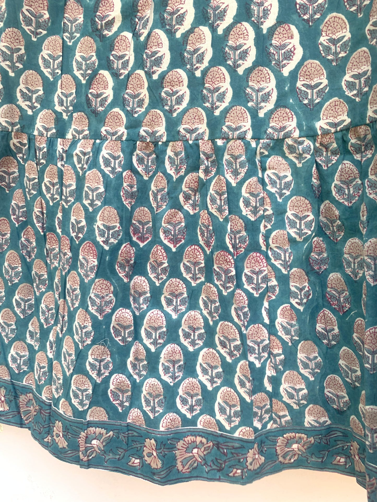 Teal Pink Floral Block Print Cotton Midi Dress – Boho Handmade Tiered Dress with Puff Sleeves