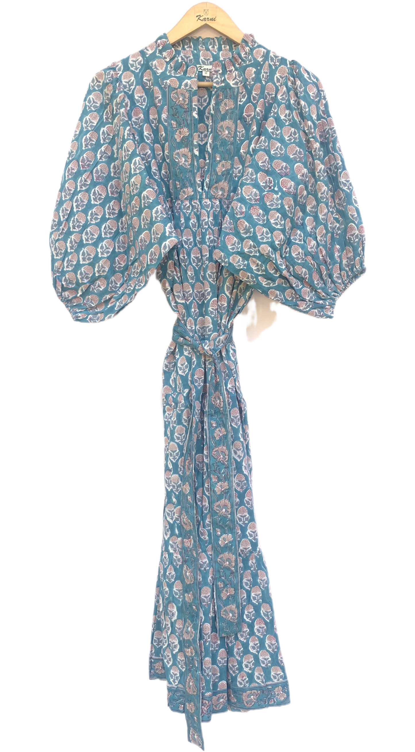 Teal Pink Floral Block Print Cotton Midi Dress – Boho Handmade Tiered Dress with Puff Sleeves