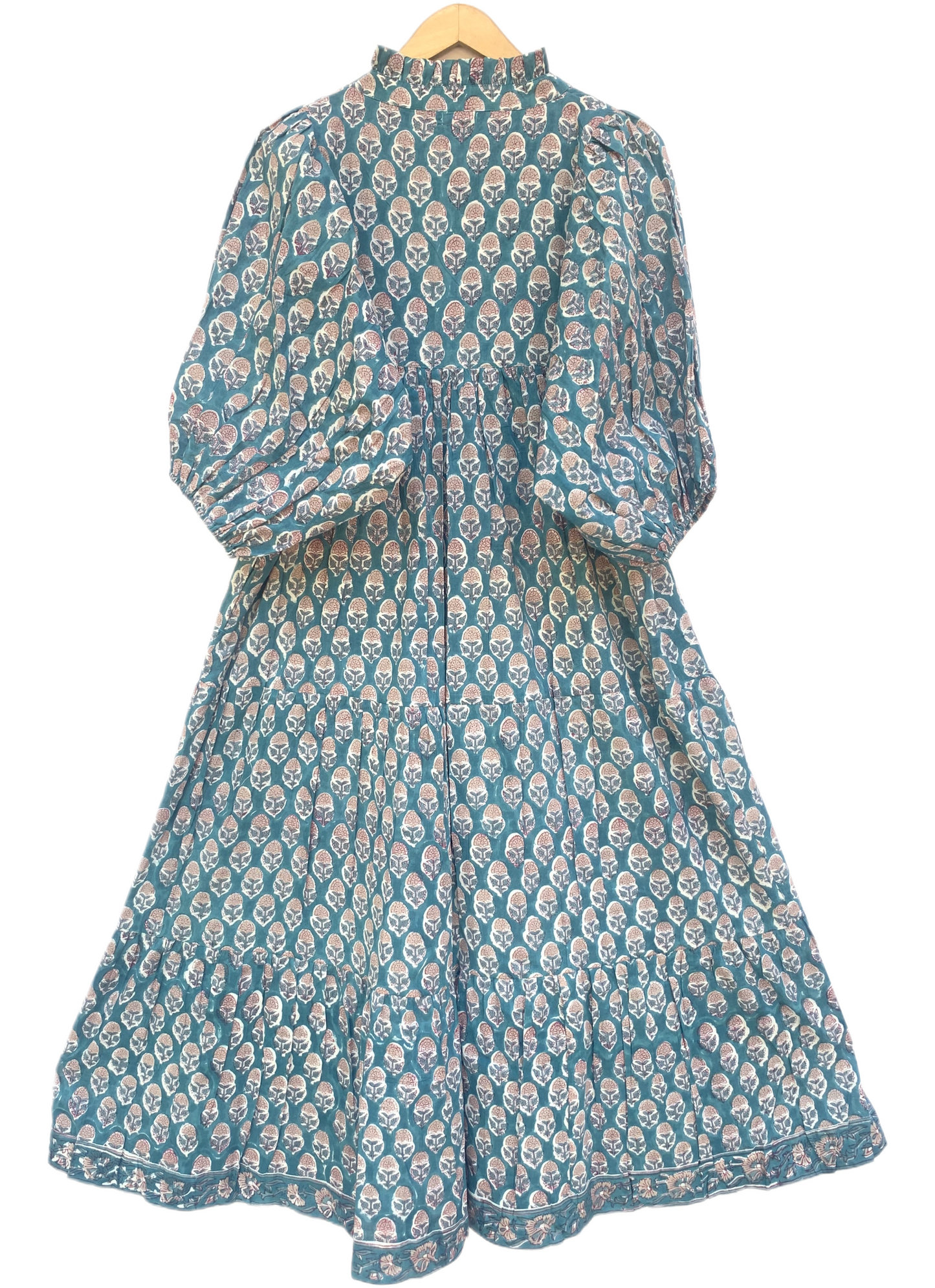 Teal Pink Floral Block Print Cotton Midi Dress – Boho Handmade Tiered Dress with Puff Sleeves