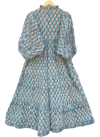 Teal Pink Floral Block Print Cotton Midi Dress – Boho Handmade Tiered Dress with Puff Sleeves
