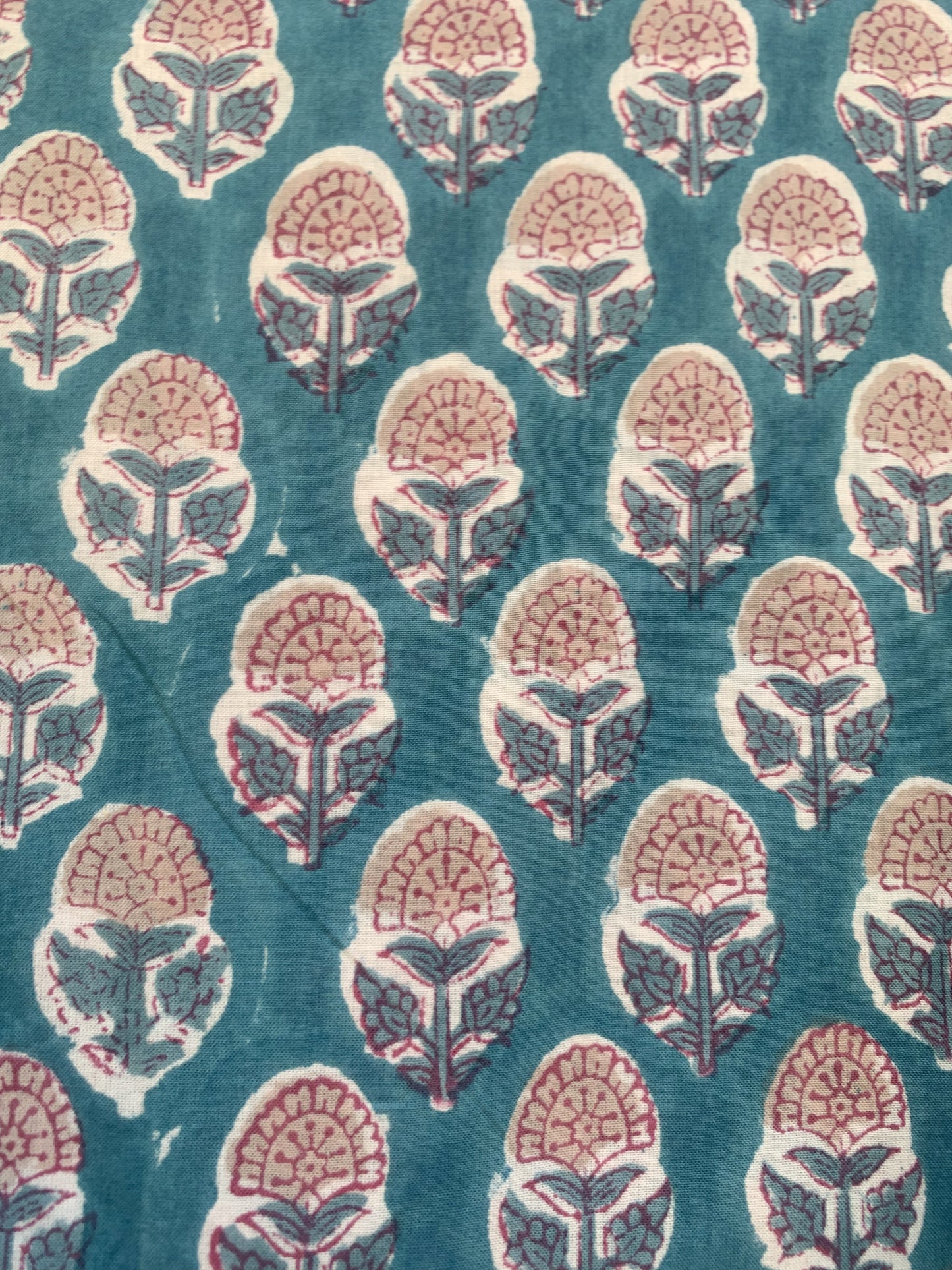 Teal Pink Floral Block Print Cotton Midi Dress – Boho Handmade Tiered Dress with Puff Sleeves