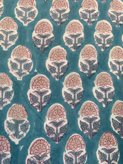 Teal Pink Floral Block Print Cotton Midi Dress – Boho Handmade Tiered Dress with Puff Sleeves