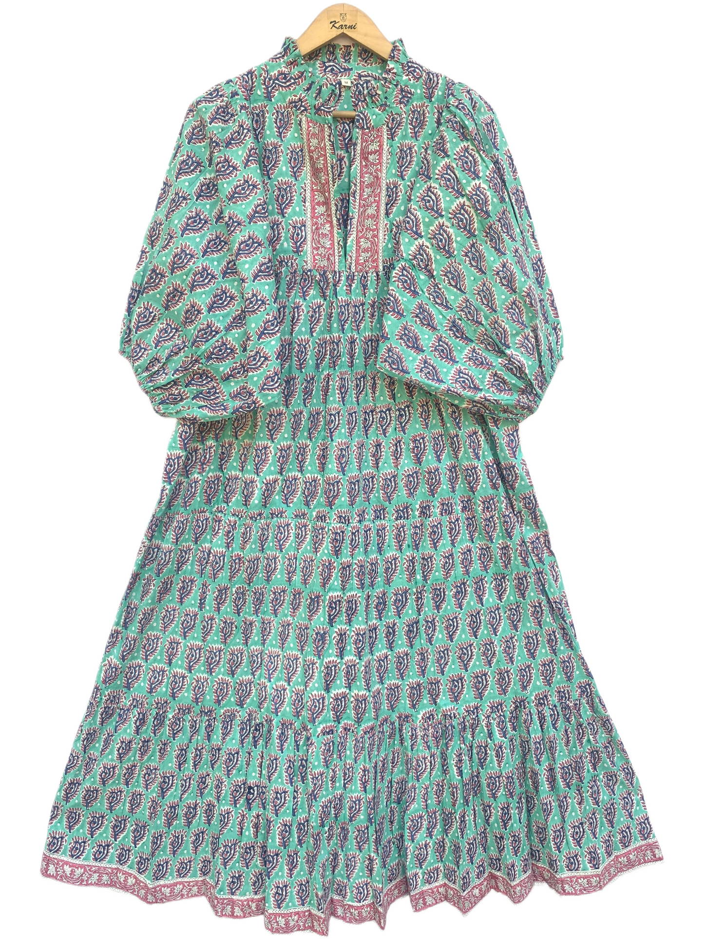 Teal Purple Floral Block Print Cotton Midi Dress – Boho Handmade Tiered Dress with Puff Sleeves & Contrast Yoke