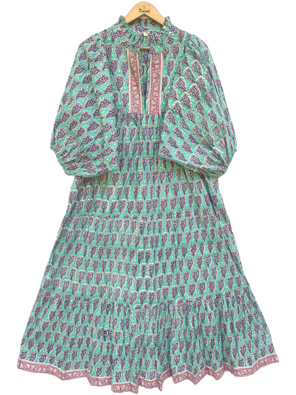 Teal Purple Floral Block Print Cotton Midi Dress – Boho Handmade Tiered Dress with Puff Sleeves & Contrast Yoke