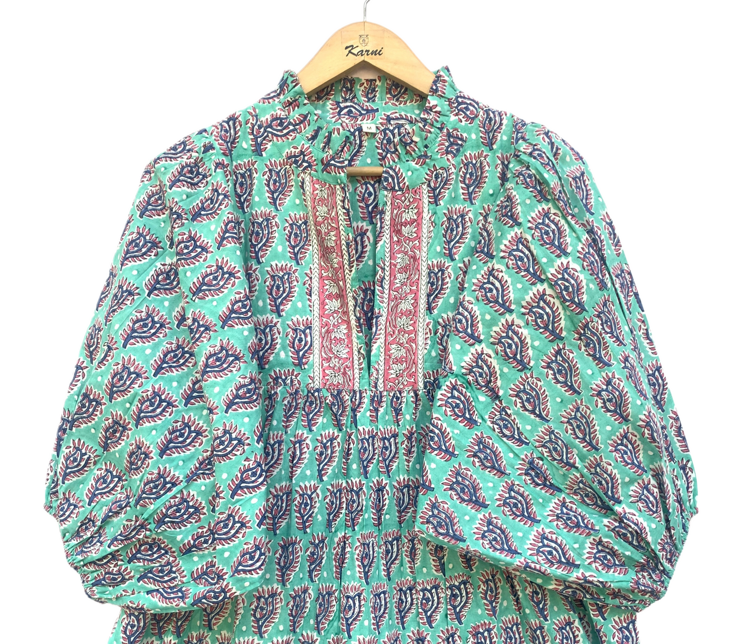 Teal Purple Floral Block Print Cotton Midi Dress – Boho Handmade Tiered Dress with Puff Sleeves & Contrast Yoke