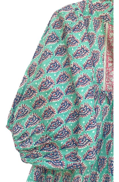 Teal Purple Floral Block Print Cotton Midi Dress – Boho Handmade Tiered Dress with Puff Sleeves & Contrast Yoke