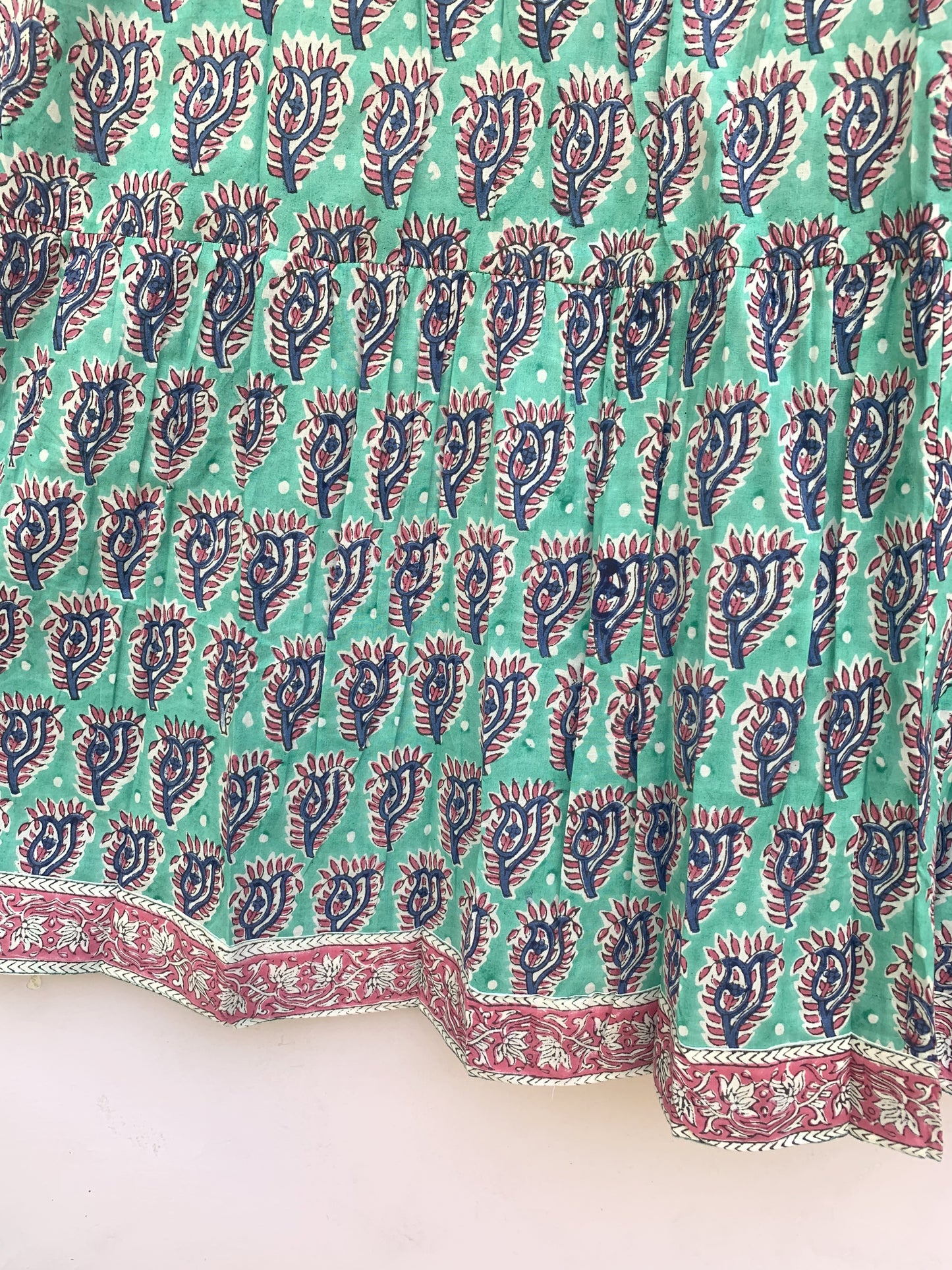 Teal Purple Floral Block Print Cotton Midi Dress – Boho Handmade Tiered Dress with Puff Sleeves & Contrast Yoke