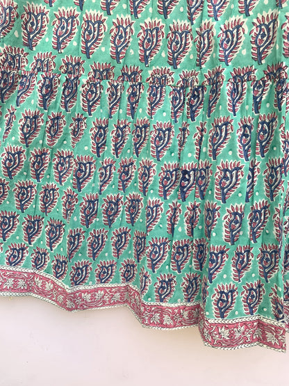 Teal Purple Floral Block Print Cotton Midi Dress – Boho Handmade Tiered Dress with Puff Sleeves & Contrast Yoke