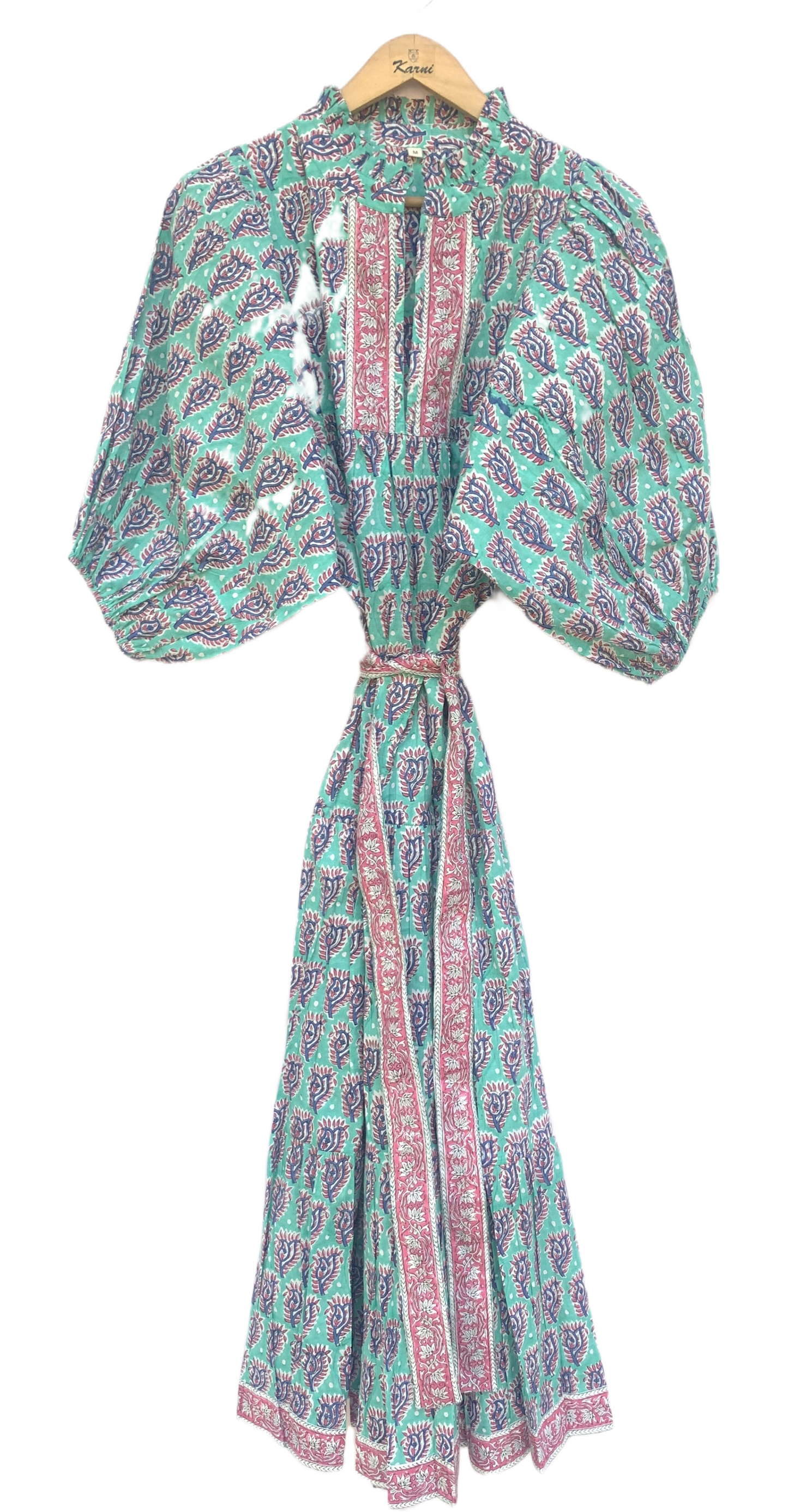 Teal Purple Floral Block Print Cotton Midi Dress – Boho Handmade Tiered Dress with Puff Sleeves & Contrast Yoke