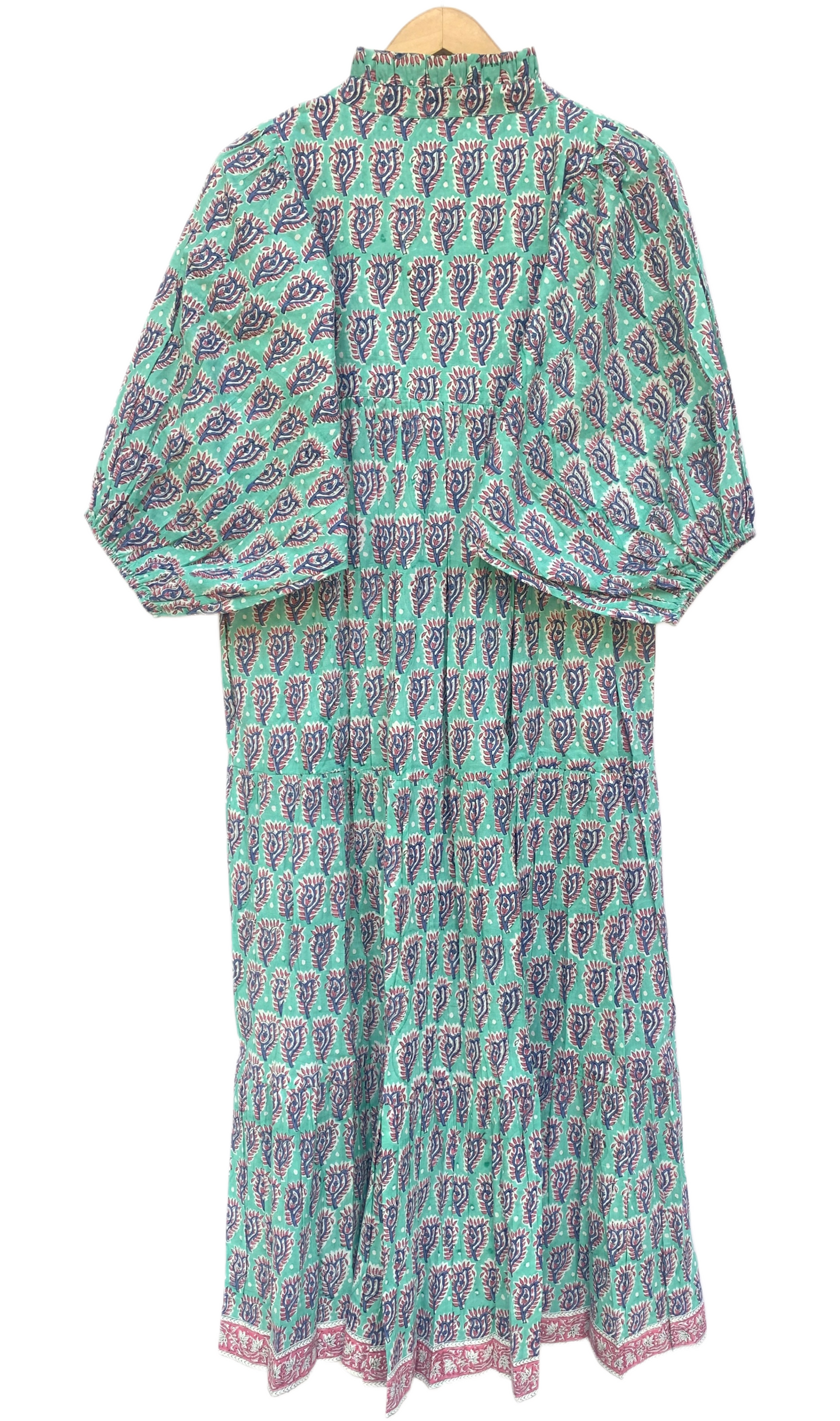 Teal Purple Floral Block Print Cotton Midi Dress – Boho Handmade Tiered Dress with Puff Sleeves & Contrast Yoke