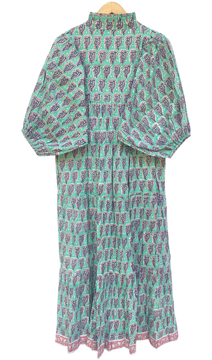 Teal Purple Floral Block Print Cotton Midi Dress – Boho Handmade Tiered Dress with Puff Sleeves & Contrast Yoke