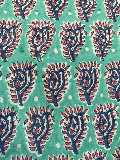 Teal Purple Floral Block Print Cotton Midi Dress – Boho Handmade Tiered Dress with Puff Sleeves & Contrast Yoke