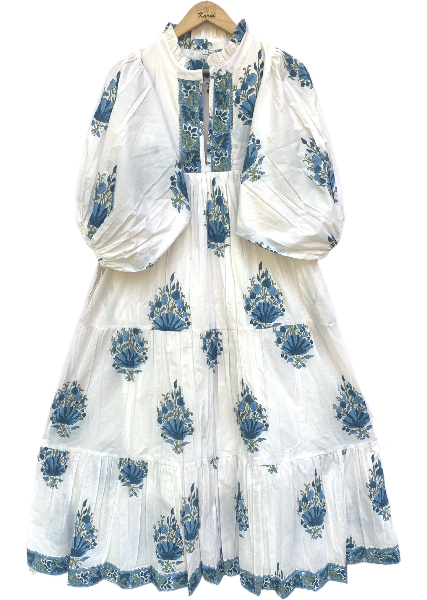 White Blue Floral Block Print Cotton Midi Dress – Boho Handmade Tiered Dress with Puff Sleeves & Contrast Yoke