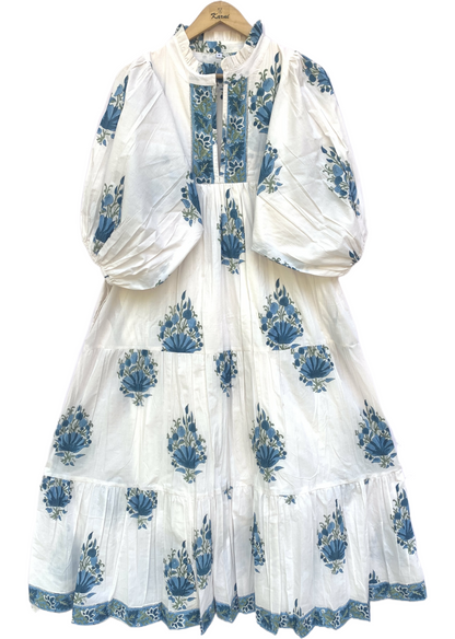 White Blue Floral Block Print Cotton Midi Dress – Boho Handmade Tiered Dress with Puff Sleeves & Contrast Yoke