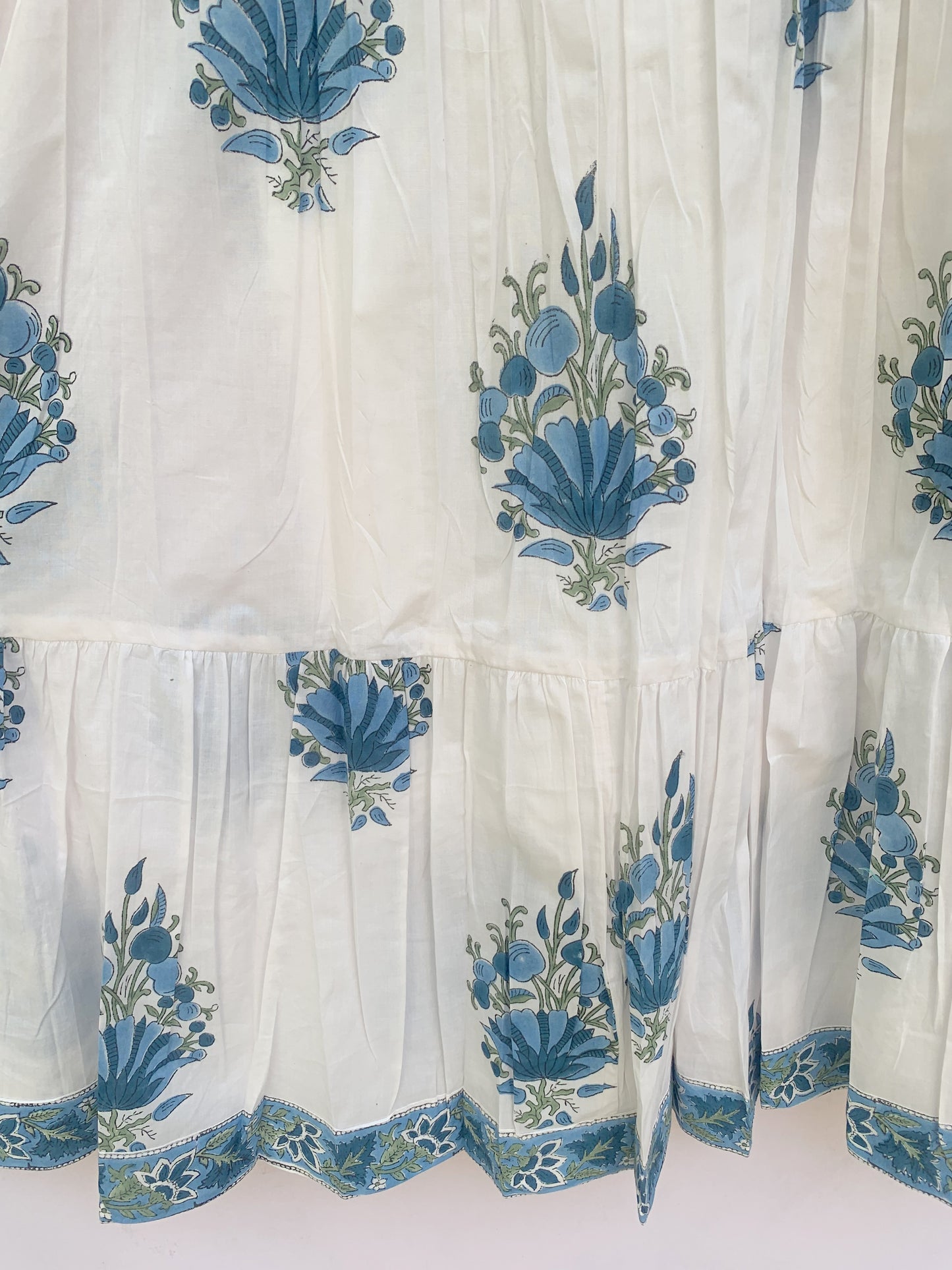 White Blue Floral Block Print Cotton Midi Dress – Boho Handmade Tiered Dress with Puff Sleeves & Contrast Yoke
