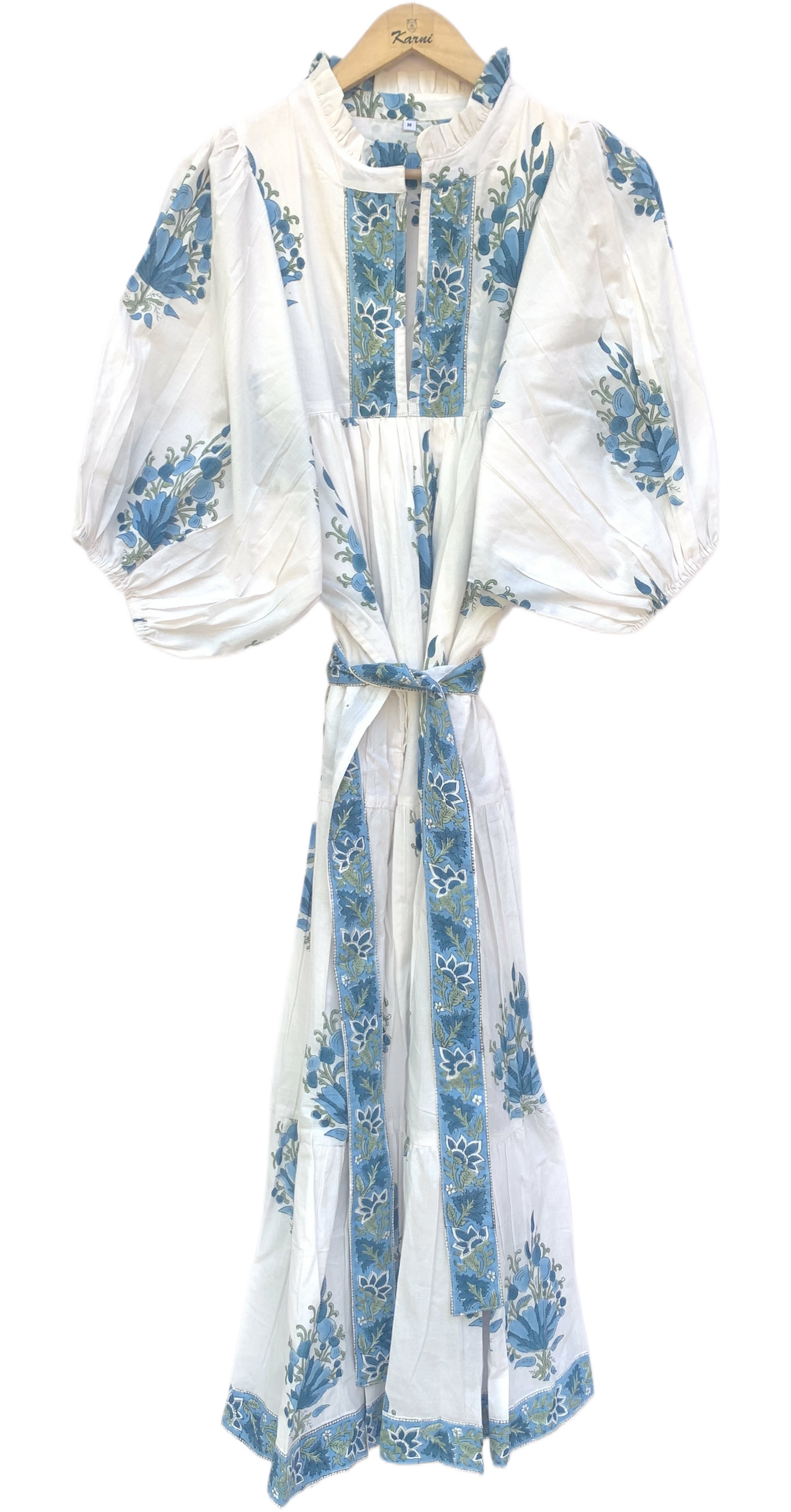 White Blue Floral Block Print Cotton Midi Dress – Boho Handmade Tiered Dress with Puff Sleeves & Contrast Yoke