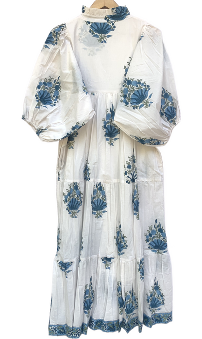 White Blue Floral Block Print Cotton Midi Dress – Boho Handmade Tiered Dress with Puff Sleeves & Contrast Yoke
