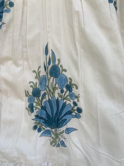 White Blue Floral Block Print Cotton Midi Dress – Boho Handmade Tiered Dress with Puff Sleeves & Contrast Yoke