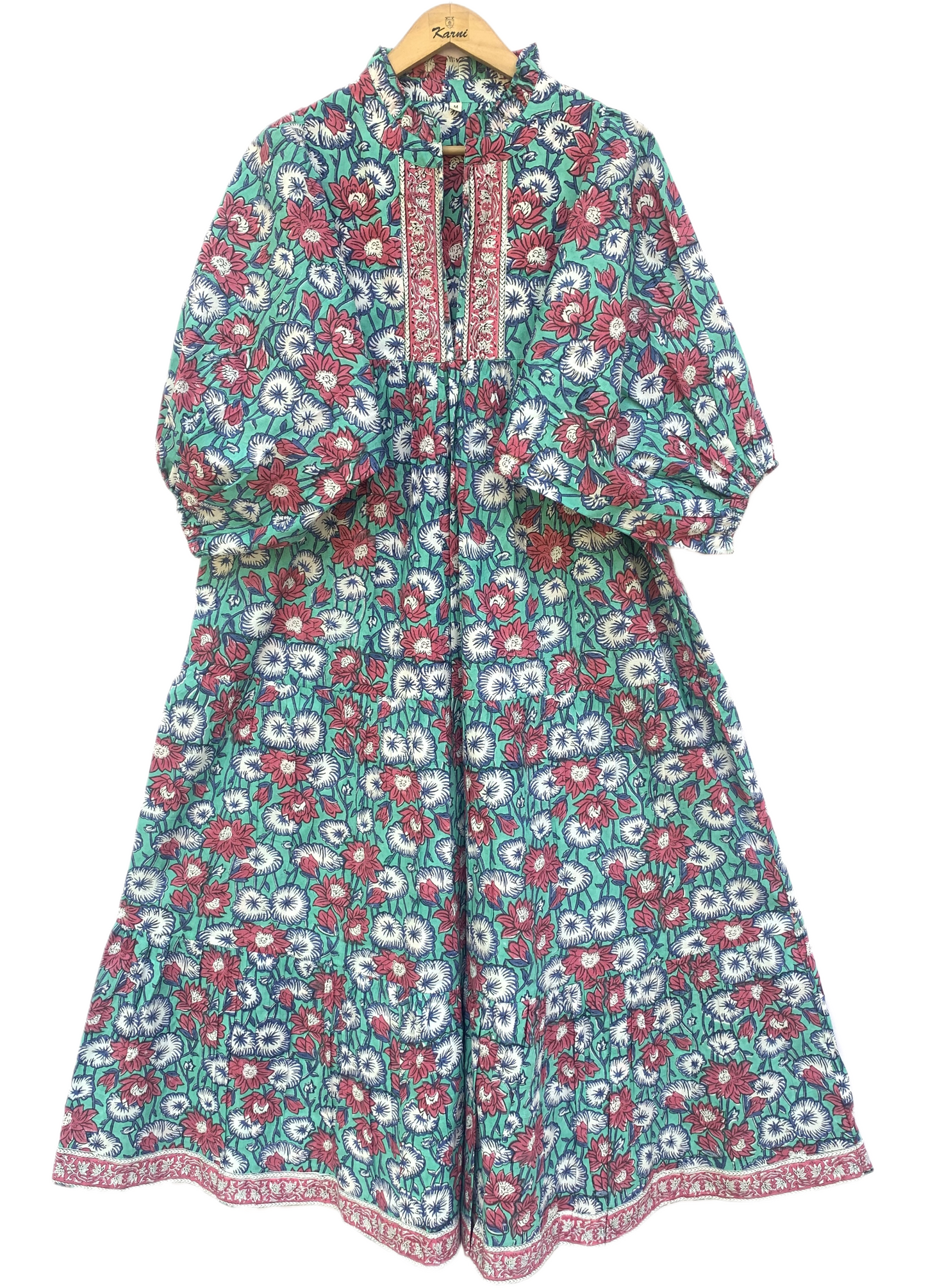 Teal Red Floral Block Print Cotton Midi Dress – Boho Handmade Tiered Dress with Puff Sleeves & Contrast Yoke