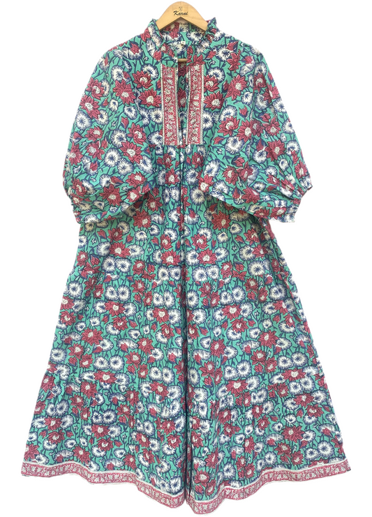 Teal Red Floral Block Print Cotton Midi Dress – Boho Handmade Tiered Dress with Puff Sleeves & Contrast Yoke