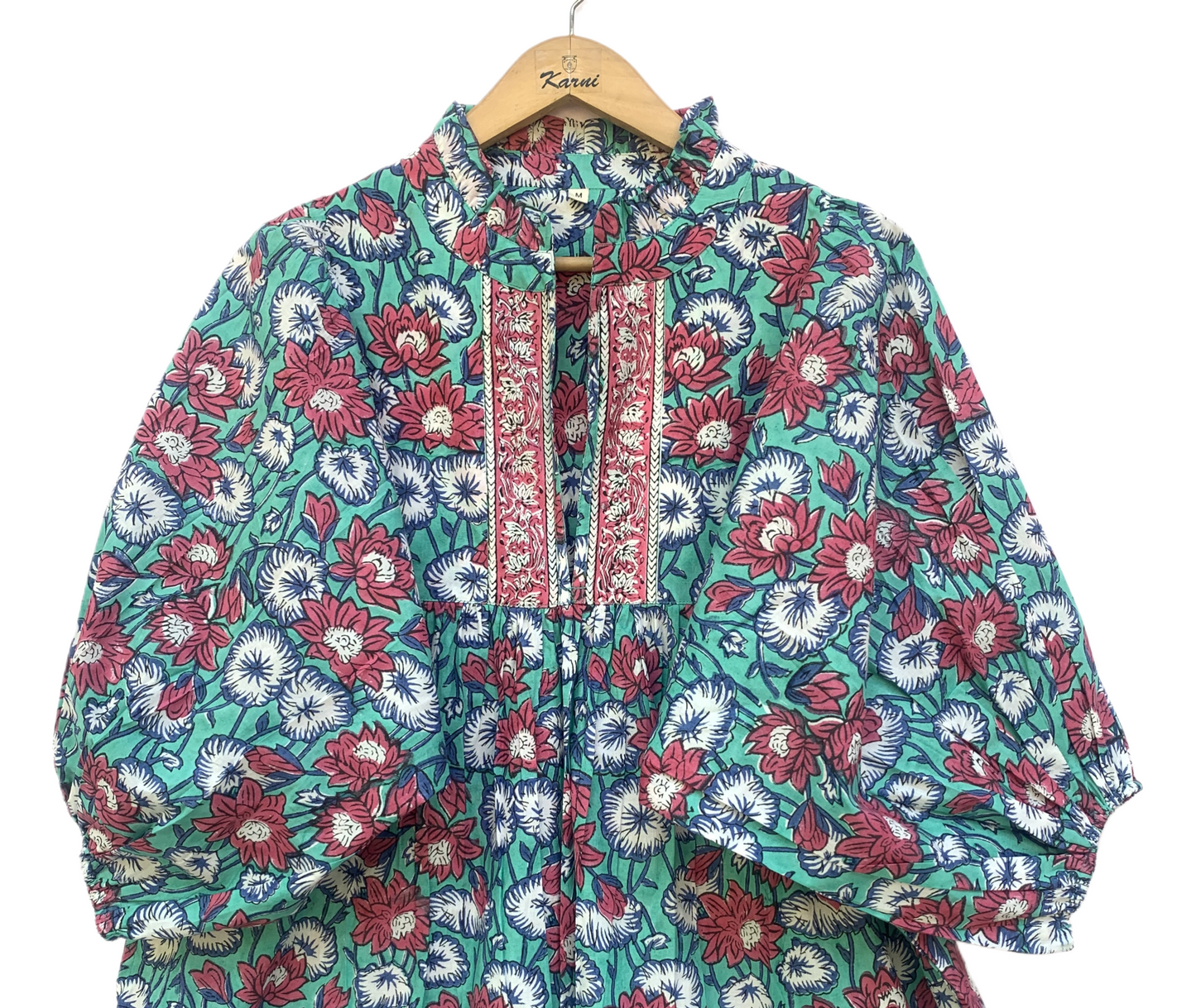 Teal Red Floral Block Print Cotton Midi Dress – Boho Handmade Tiered Dress with Puff Sleeves & Contrast Yoke