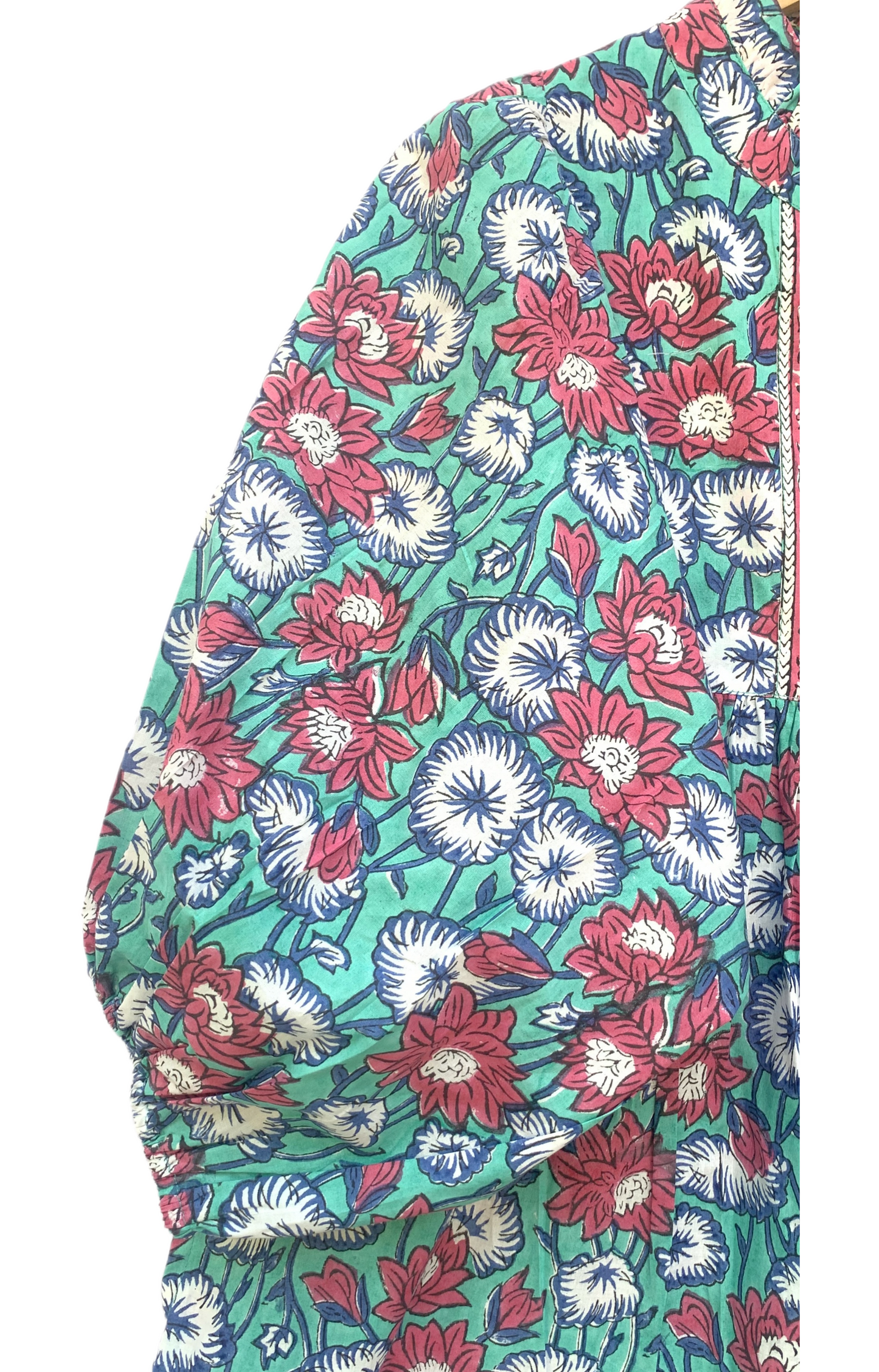 Teal Red Floral Block Print Cotton Midi Dress – Boho Handmade Tiered Dress with Puff Sleeves & Contrast Yoke