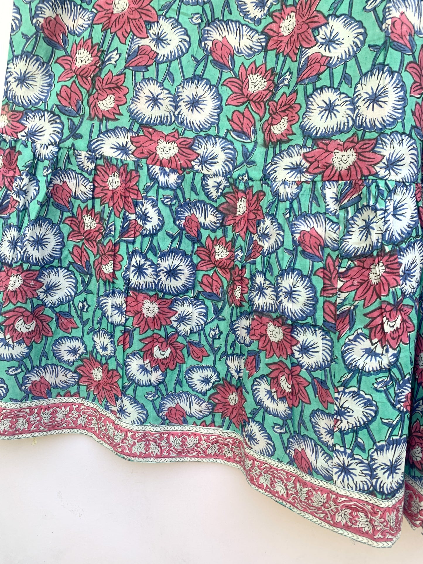 Teal Red Floral Block Print Cotton Midi Dress – Boho Handmade Tiered Dress with Puff Sleeves & Contrast Yoke