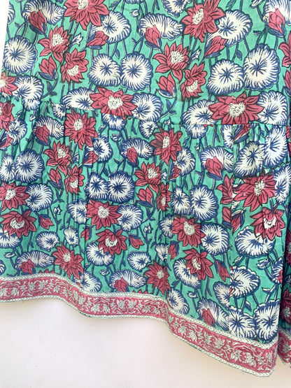 Teal Red Floral Block Print Cotton Midi Dress – Boho Handmade Tiered Dress with Puff Sleeves & Contrast Yoke