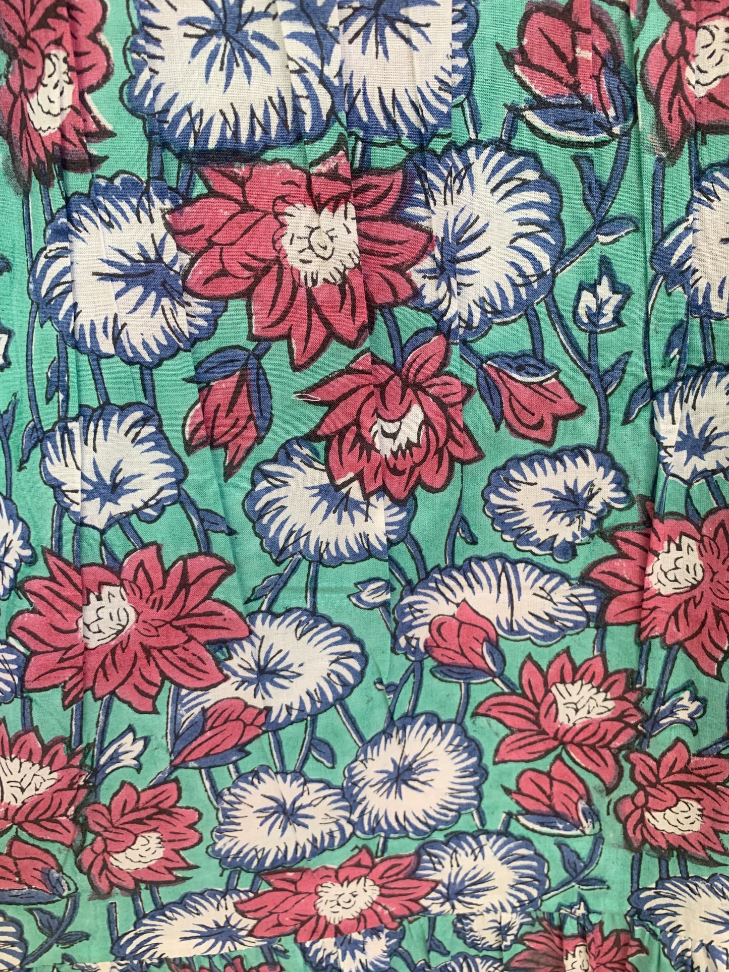 Teal Red Floral Block Print Cotton Midi Dress – Boho Handmade Tiered Dress with Puff Sleeves & Contrast Yoke