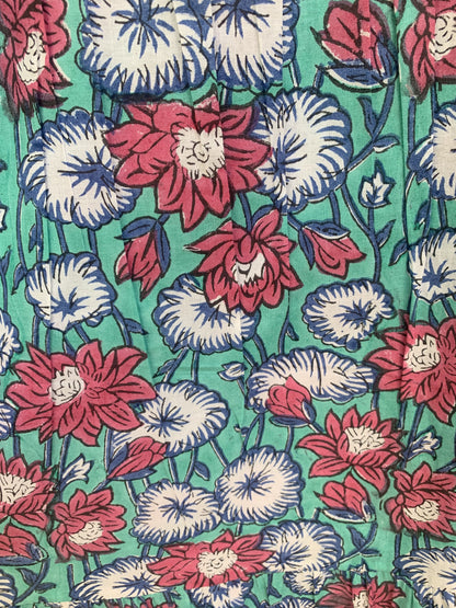 Teal Red Floral Block Print Cotton Midi Dress – Boho Handmade Tiered Dress with Puff Sleeves & Contrast Yoke