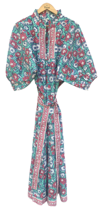 Teal Red Floral Block Print Cotton Midi Dress – Boho Handmade Tiered Dress with Puff Sleeves & Contrast Yoke