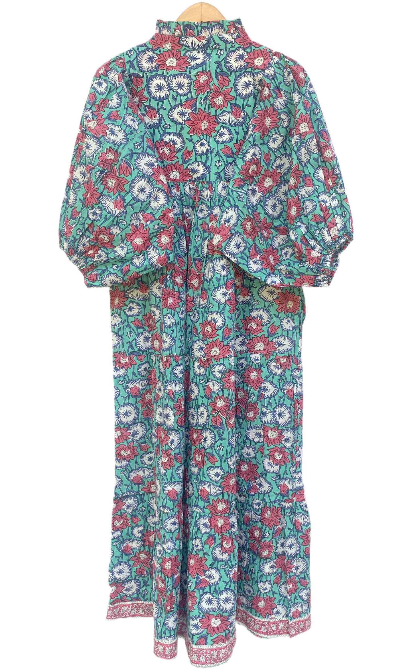 Teal Red Floral Block Print Cotton Midi Dress – Boho Handmade Tiered Dress with Puff Sleeves & Contrast Yoke