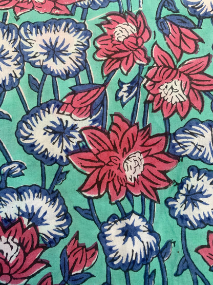 Teal Red Floral Block Print Cotton Midi Dress – Boho Handmade Tiered Dress with Puff Sleeves & Contrast Yoke