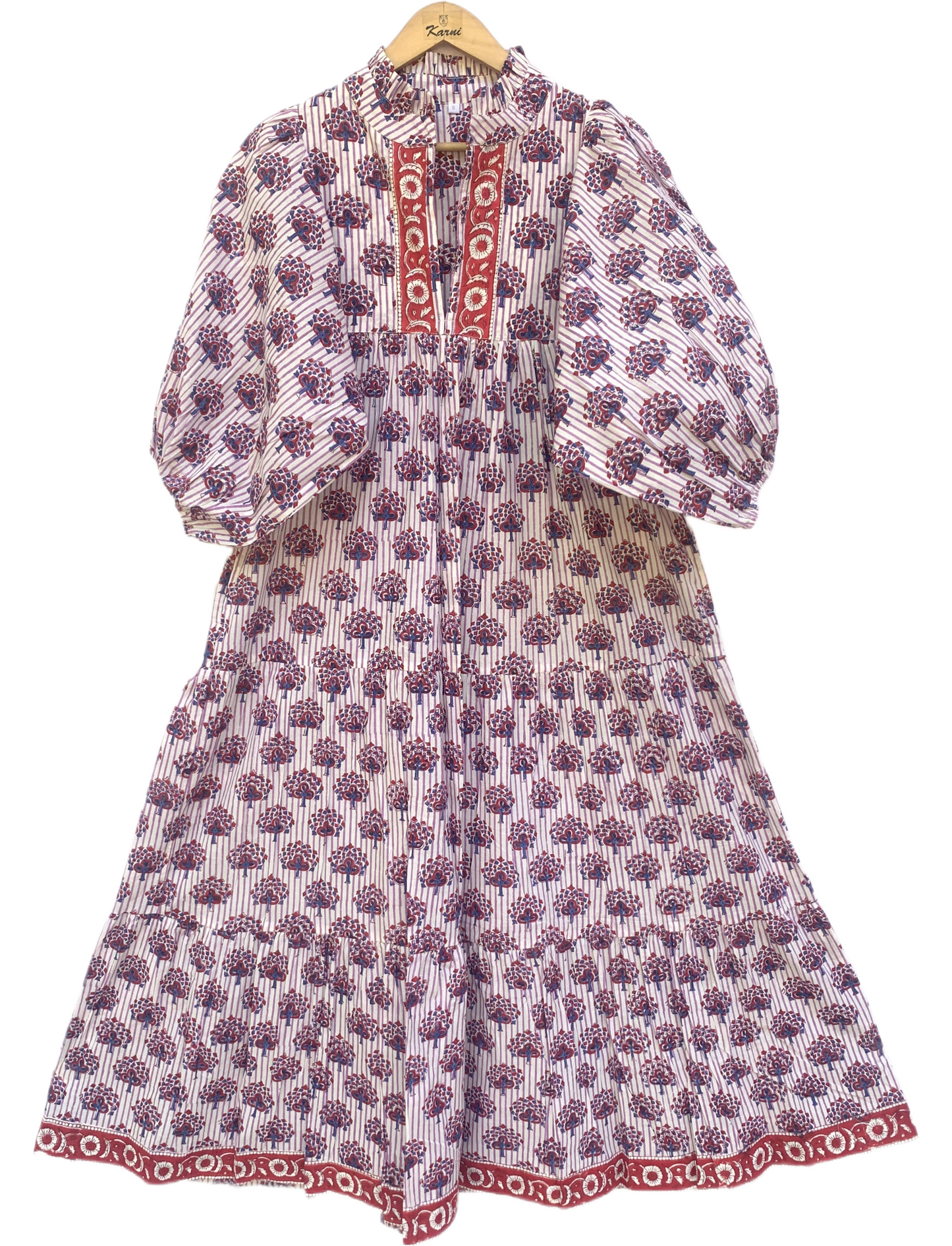 White Purple Floral Block Print Cotton Midi Dress – Boho Handmade Tiered Dress with Puff Sleeves & Red Contrast Yoke
