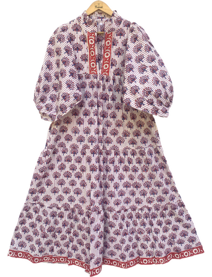 White Purple Floral Block Print Cotton Midi Dress – Boho Handmade Tiered Dress with Puff Sleeves & Red Contrast Yoke