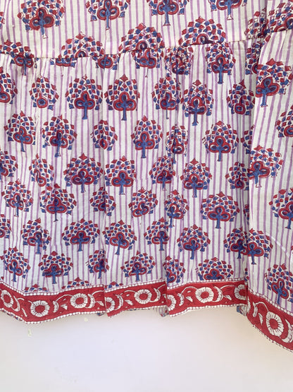 White Purple Floral Block Print Cotton Midi Dress – Boho Handmade Tiered Dress with Puff Sleeves & Red Contrast Yoke