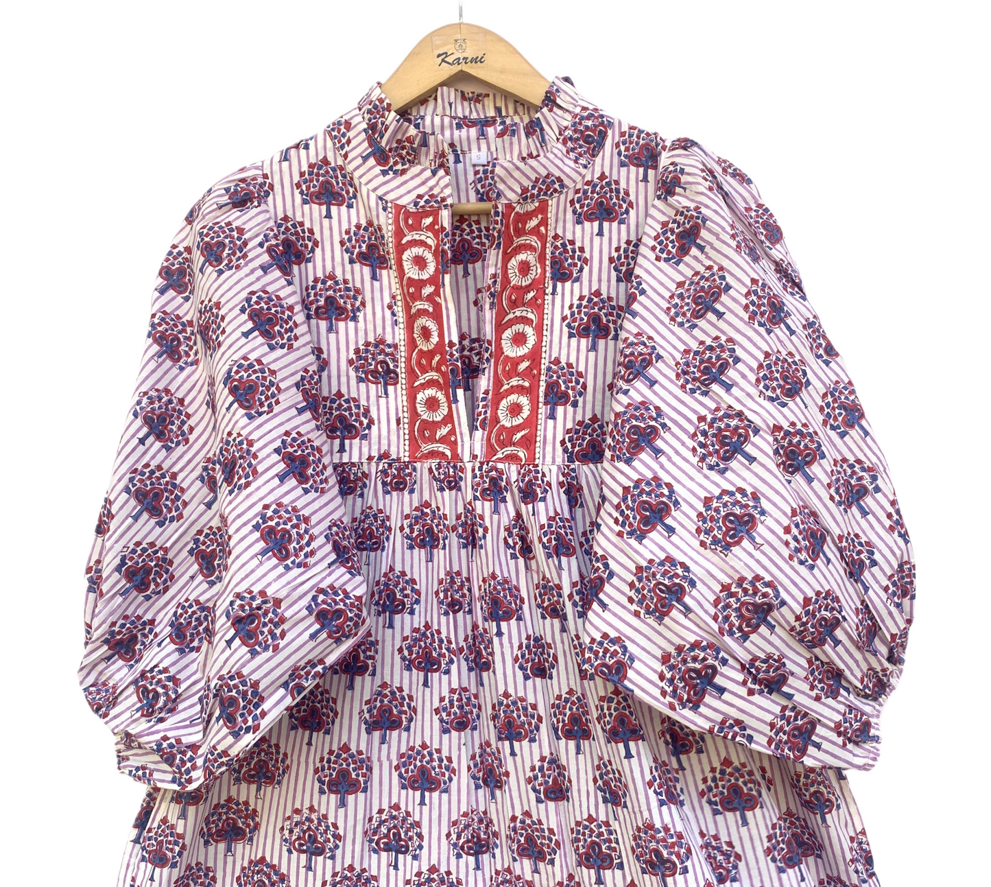 White Purple Floral Block Print Cotton Midi Dress – Boho Handmade Tiered Dress with Puff Sleeves & Red Contrast Yoke