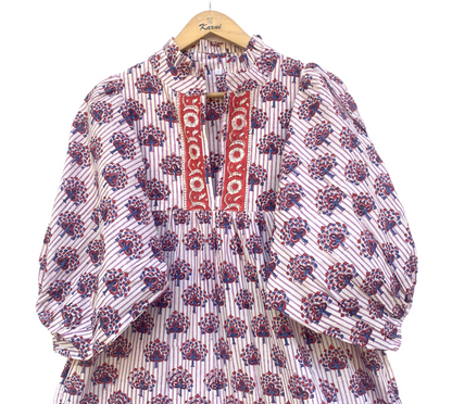 White Purple Floral Block Print Cotton Midi Dress – Boho Handmade Tiered Dress with Puff Sleeves & Red Contrast Yoke